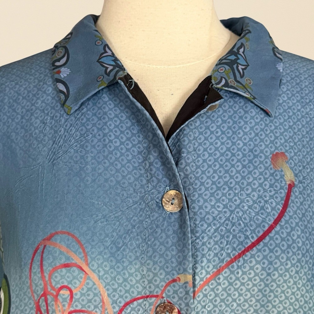 Citron Santa Monica 100% Silk Crane Print Blouse Top Sz L Denim Blue and Black - Picture 5 of 14